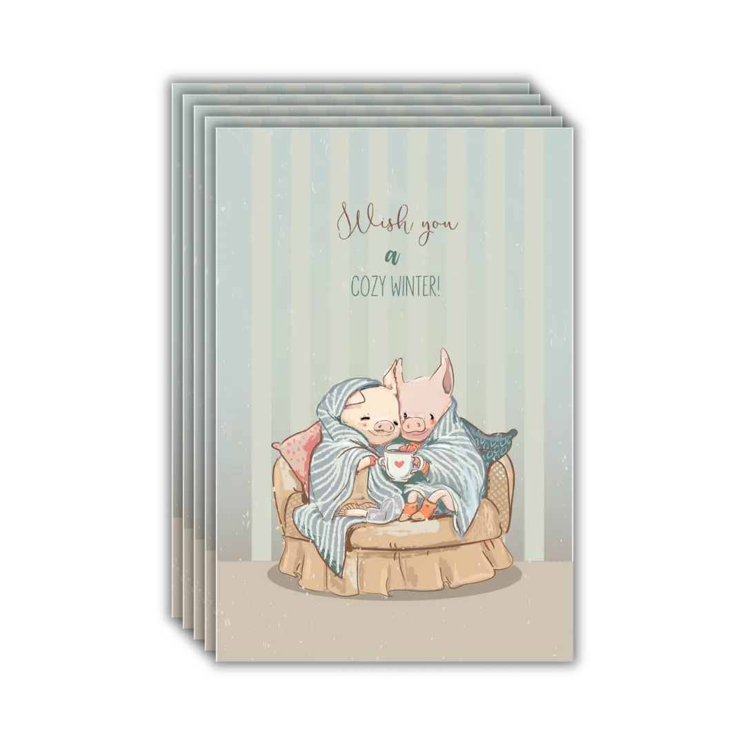 Cozy Winter Pig Postcards - Four Bears Sticker Club