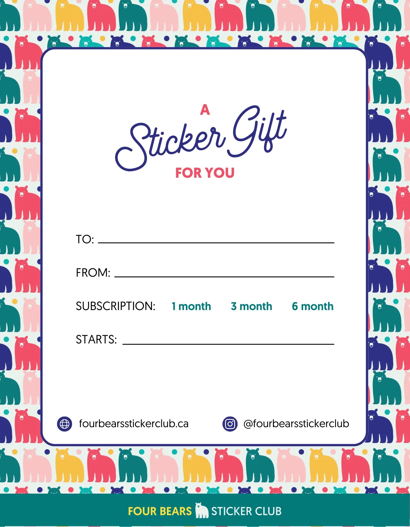 Gift Certificate Printable - Sticker Subscription Gift | Four Bears ...
